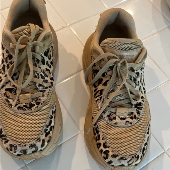 Hoka One One Women's Tan and Black Leopard Print Trainers - Picture 5 of 9